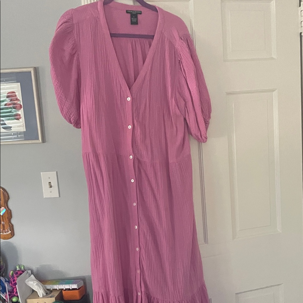 Charles and theodore Fuchsia Button-Front Midi Dress with Puff Sleeves